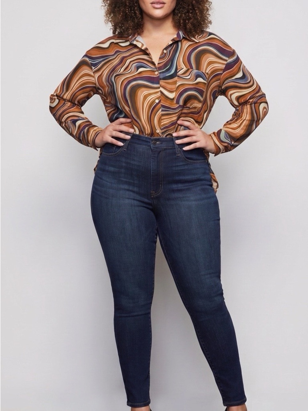 Bailey 44 Swirl-Print Button-Up Blouse in Brown and Cream